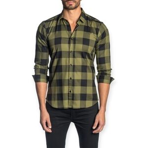 Jared Lang Slim Fit Olive and Black Plaid Button Up Shirt Mens M